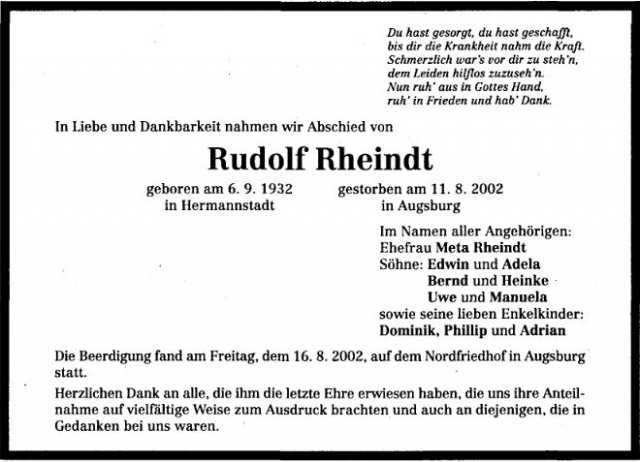 Rheindt Rudolf 1932-2002 Todesanzeige